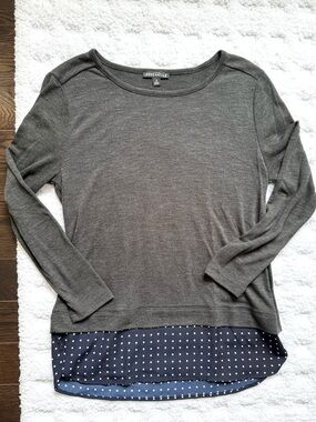 J. Crew Dark Gray Long-Sleeve Layered Top with Navy Polka-Dot Peekaboo Hem